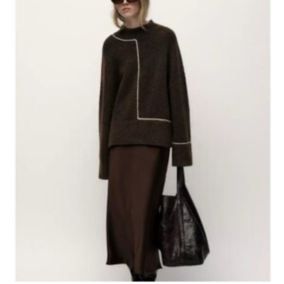 Zara Women's Knit Sweater with Contrasting Piping in Brown Size M Lagenlook Boho - Picture 1 of 11